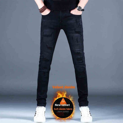 Ripped Fleece Padded Jeans for Men - Stretch Slim-Fit Casual Style - Buy Center