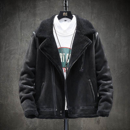 Short Lapel Men's Lamb Wool Jacket - Padded Plus Velvet in Khaki & Black - Buy Center