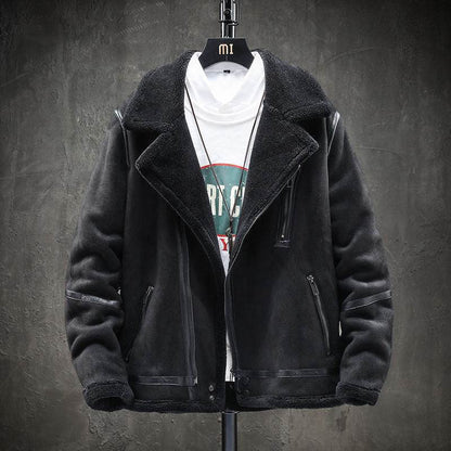 Short Lapel Men's Lamb Wool Jacket - Padded Plus Velvet in Khaki & Black - Buy Center