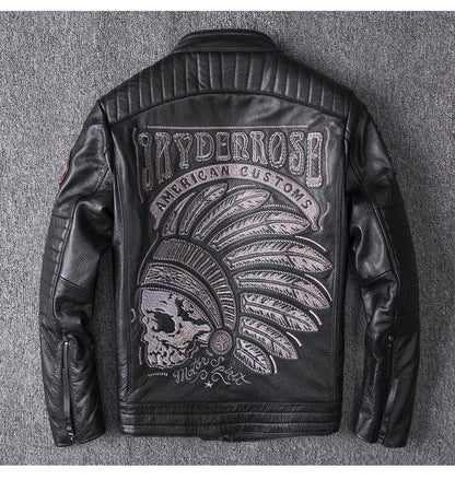 Men's Genuine Leather Motorcycle Jacket - Skull Design, Stand Collar - Buy Center