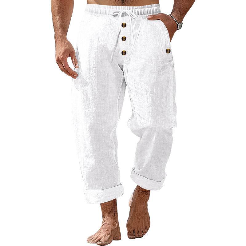 Buycenter Solid Color Cotton Linen Beach Pants - Casual Loose Fit Trousers - Buy Center