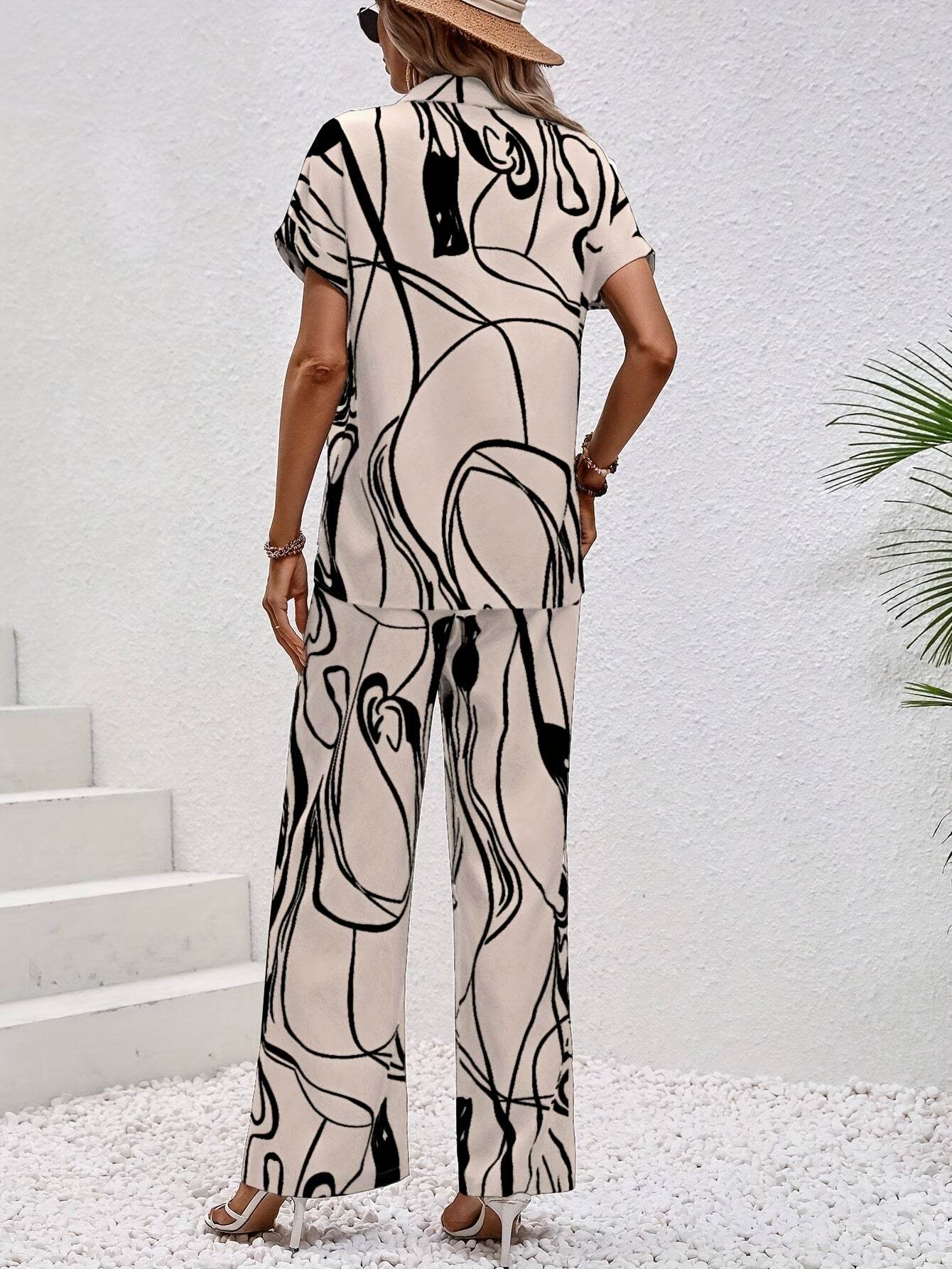 Women's Abstract Print Short Sleeve Shirt & Trousers Set - Casual Style - Buy Center