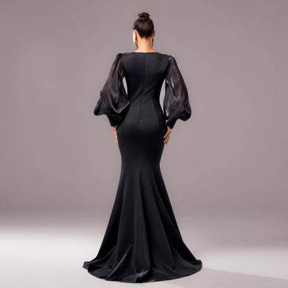 Elegant Long Sleeve Fishtail Dress - Applique & Sequin Details for Events - Buy Center