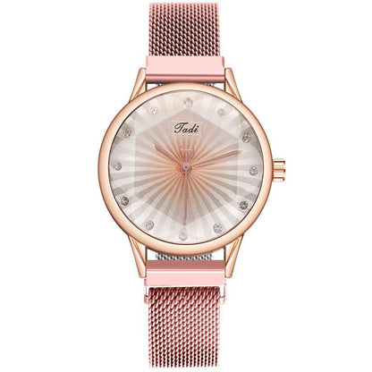 Women's Striped Diamond Mesh Watch - Casual Quartz Style with Magnetic Buckle - Buy Center