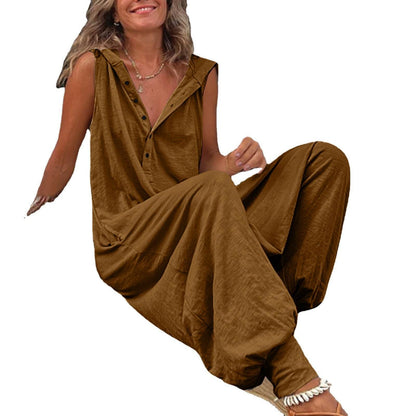 New Button Hooded Sleeveless Jumpsuit - Stylish & Comfortable for All Sizes - Buy Center