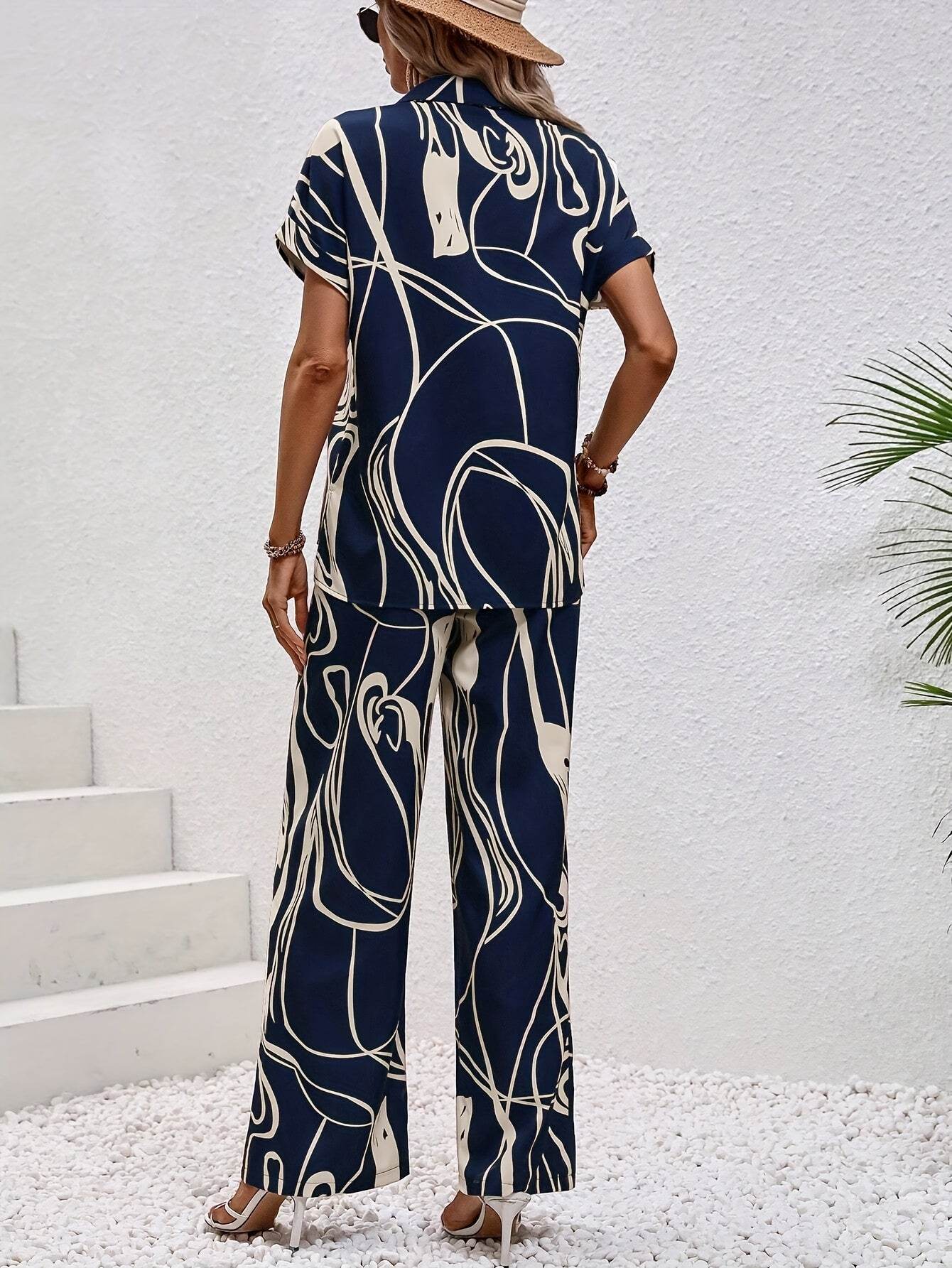 Women's Abstract Print Short Sleeve Shirt & Trousers Set - Casual Style - Buy Center