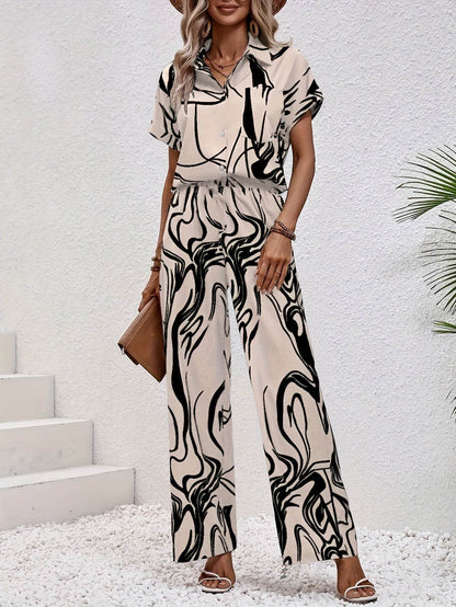 Women's Abstract Print Short Sleeve Shirt & Trousers Set - Casual Style - Buy Center