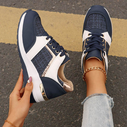 Colorblock Lace-Up Sneakers for Women - Stylish Thick-Soled Sports Flats - Buy Center