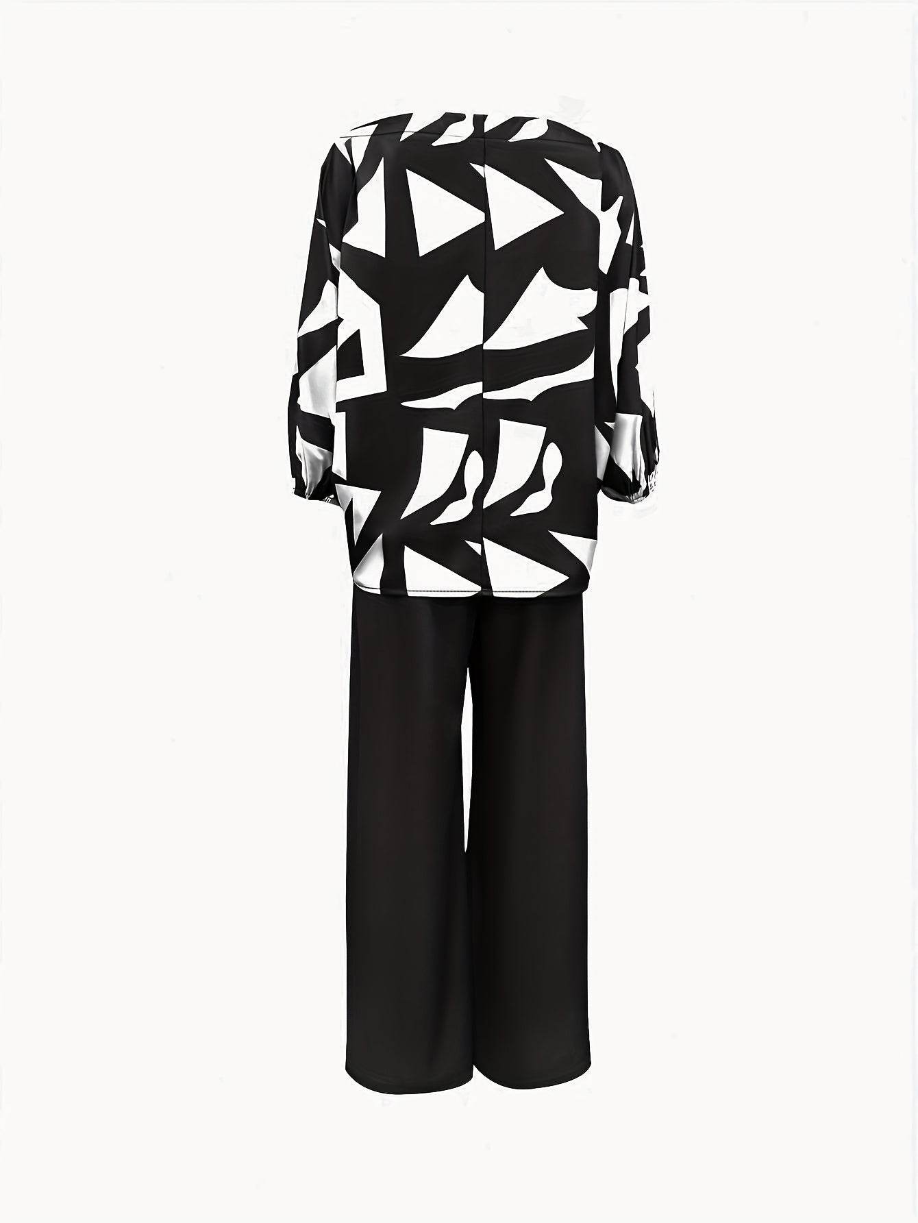 Geometric Printed Casual Top & Pants Set - 100% Polyester, All Season - Buy Center