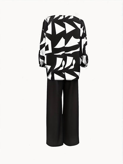 Geometric Printed Casual Top & Pants Set - 100% Polyester, All Season - Buy Center