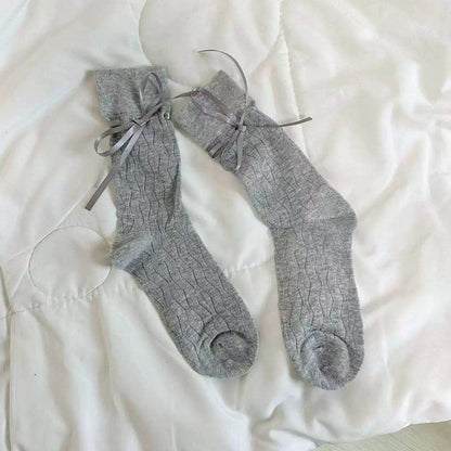 Women’s Mid-Calf Bow Socks - Stylish Straps in White, Black, Pink, Gray - Buy Center