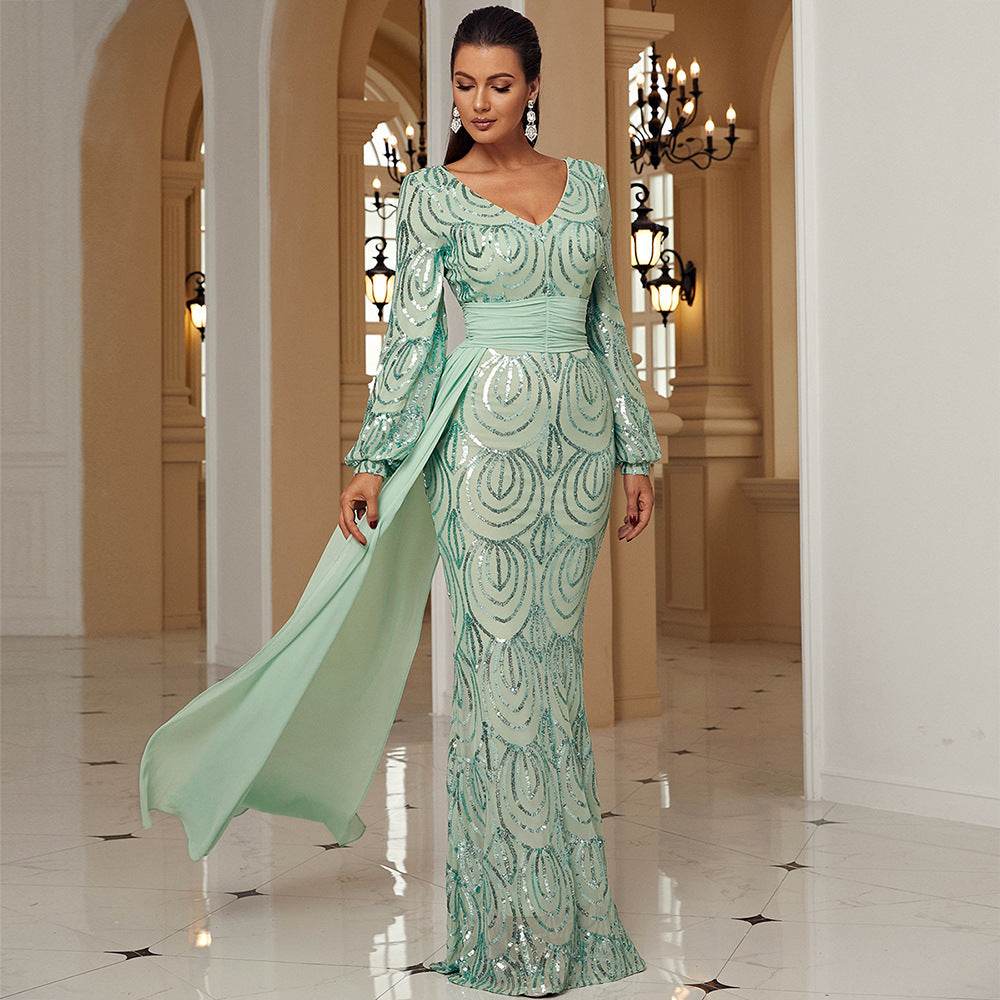 Elegant Long Sleeve Sequined V-Neck Dress - Perfect for Formal Events - Buy Center
