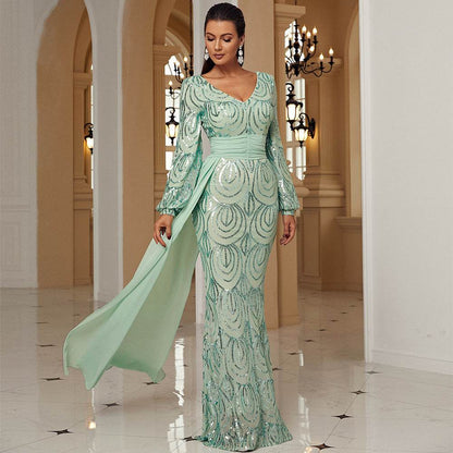 Elegant Long Sleeve Sequined V-Neck Dress - Perfect for Formal Events - Buy Center