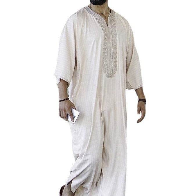 Ethnic Style White Muslim Robe - Casual Loose Fit & Elegant Embroidery - Buy Center