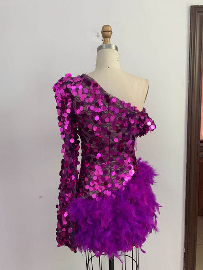 Luxury Purple Sequined Feather Skirt Dress - One-Shoulder Cocktail Glamour - Buy Center
