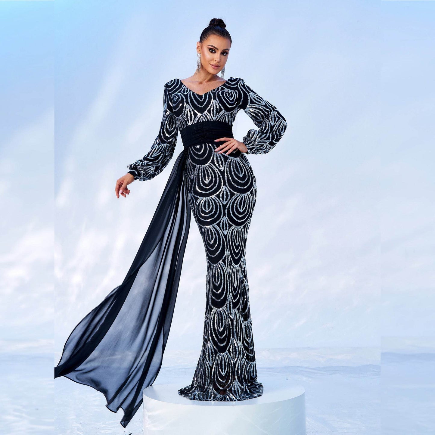 Elegant Long Sleeve Sequined V-Neck Dress - Perfect for Formal Events - Buy Center