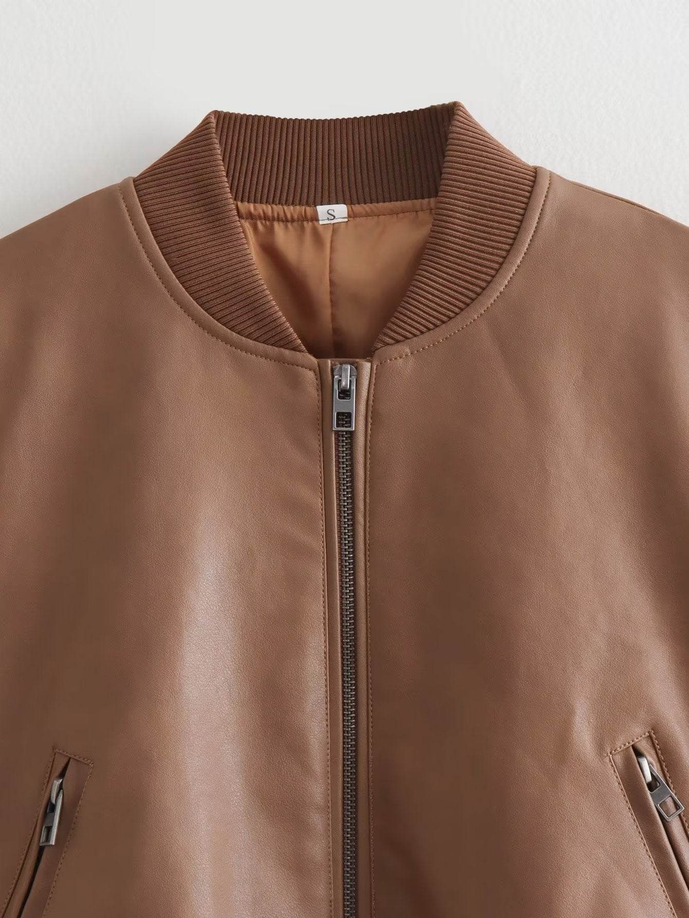 Women's Stand Collar Motorcycle Jacket - Premium Stylish Fur in Tan & Beige - Buy Center