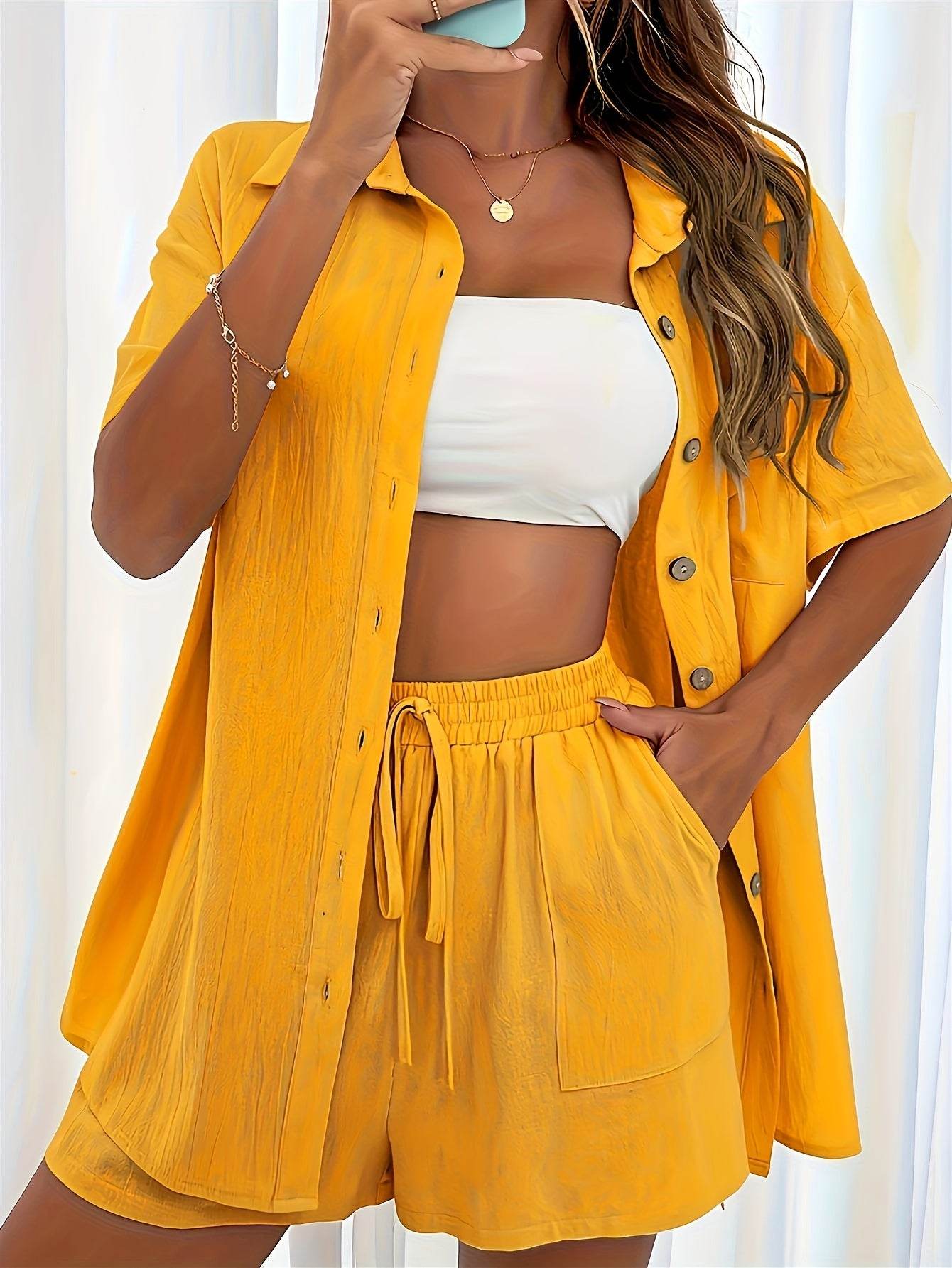 Women's Solid Color Two-Piece Set - Fashionable Pocket Shirt & Shorts - Buy Center