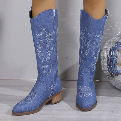 Buycenter Women's Chunky Heel Boots - Embroidered Round Head Design - Buy Center